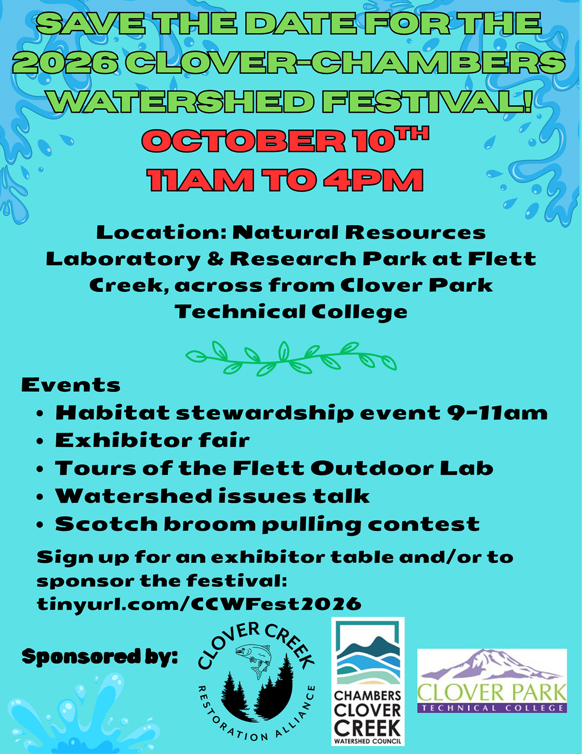 Flyer for the 2nd Annual Clover-Chambers Watershed Festival! October 10th 2026 11am to 4pm